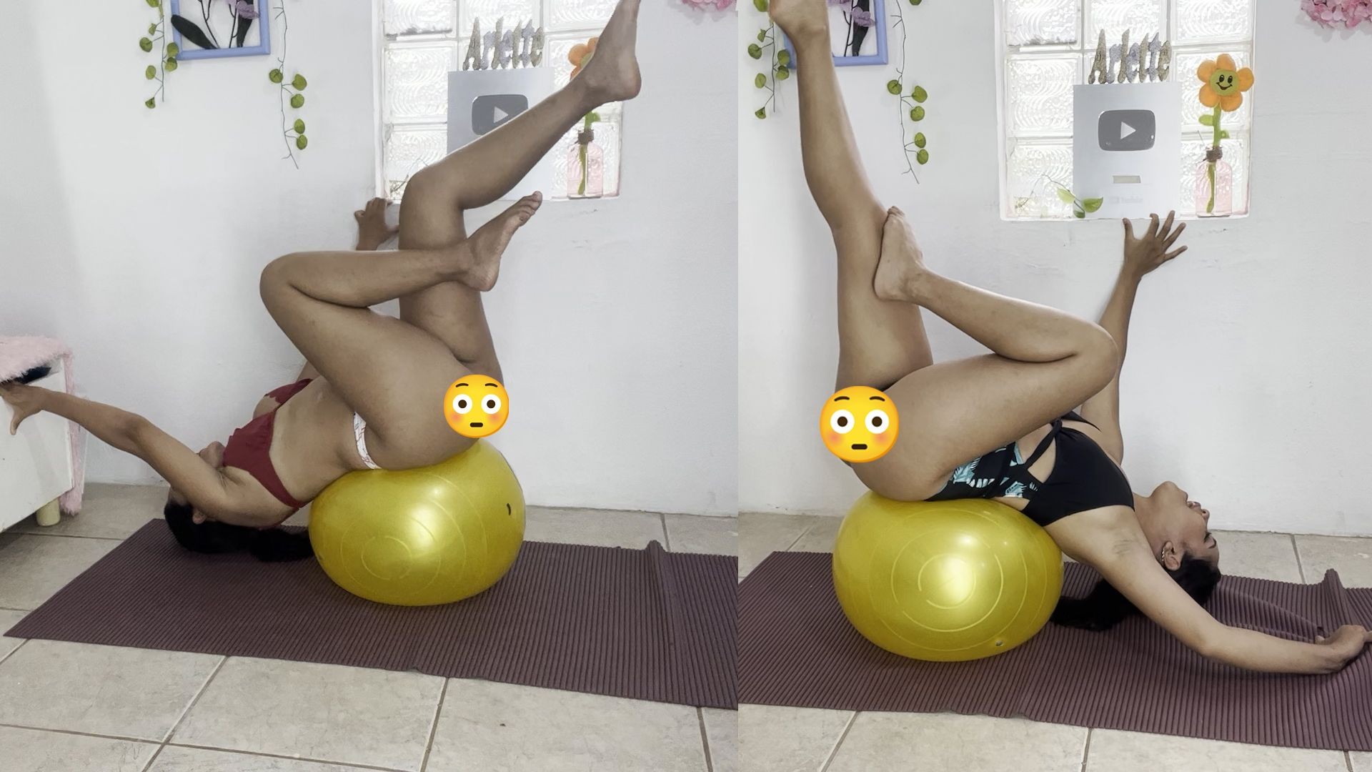 Yoga con la pelota y dos bikinis